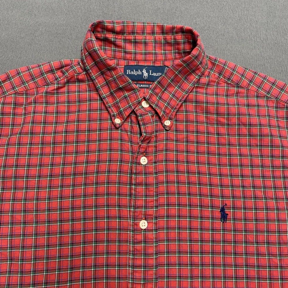 Ralph‎ Lauren Shirt Mens Large Red Green Plaid Classic Fit Button Down Cotton - Picture 2 of 9